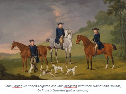 English Gentry by popular US professional genealogists, Price Genealogy: image of a painting of John Corbet Sir Robert Leighton and John Kynaston with their Horses and Hounds by Francis Sartorius.