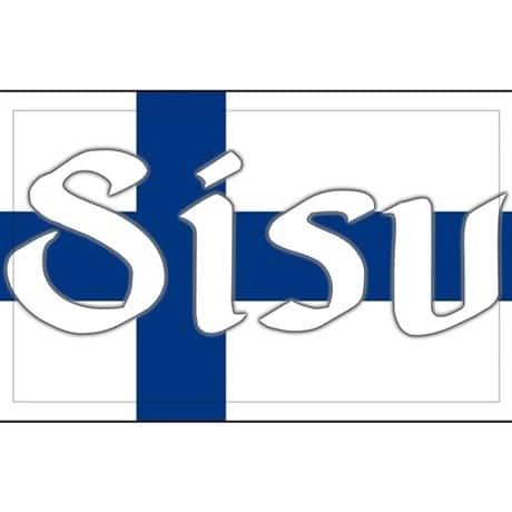 Finland Genealogy by popular US online genealogists, Price Genealogy: image of the Finnish flag with the word SISU on it. 