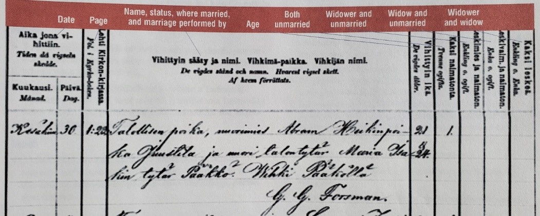 Finland Genealogy by popular US online genealogists, Price Genealogy: image of a Finnish marriage record. 