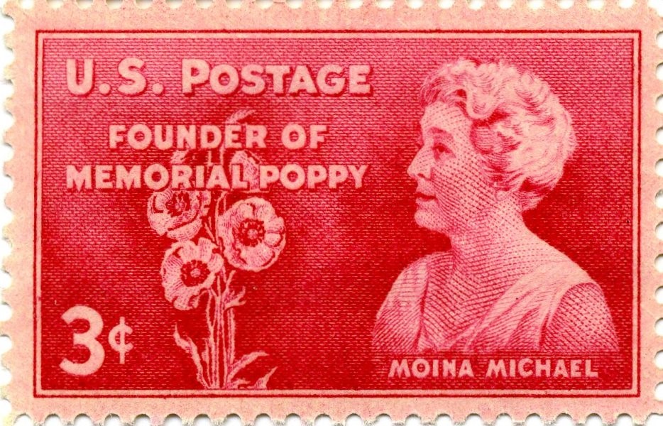 Memorial Day Genealogy by popular US online genealogists, Price Genealogy: image of a vintage Moina Michael Memorial Poppy U.S. postage stamp. 