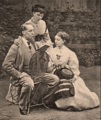 Inspirational Father Quotes by popular US online genealogists, Price Genealogy: black and white image of Charles Dickens and his two daughters. 