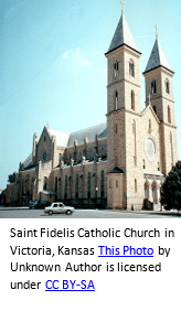 German genealogy by popular US online genealogists, Price Genealogy: image of Sain Fidelis Catholic Church in Victoria, Kansas. 