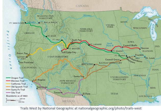 Pioneer Day by popular US online genealogists, Price Genealogy: image of a National Geographic map showing the Trails west. 