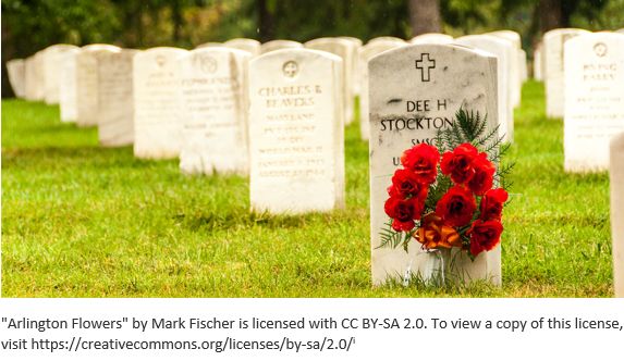 Cemetery Records by popular US online genealogists, Price Genealogy: image of flowers in front of a headstone at Arlington cemetery. 