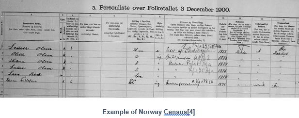 Norwegian Genealogy by popular US online genealogists, Price Genealogy: image of a Norway census.  