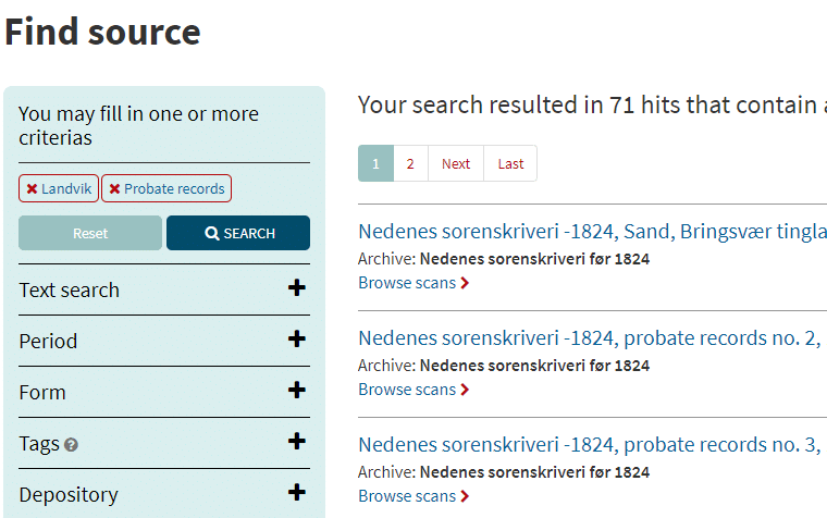 Norwegian Genealogy by popular US online genealogists, Price Genealogy: screen shot image of a Price Genealogy Find Source. 