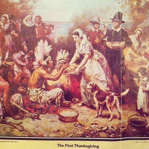 Mayflower Descendants by popular US online genealogists, Price Genealogy: image of a painting of The First Thanksgiving.