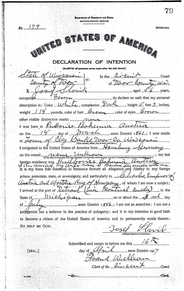 Naturalization Research by popular US online genealogists, Price Genealogy: image of a United States of America Declaration of Intention. 