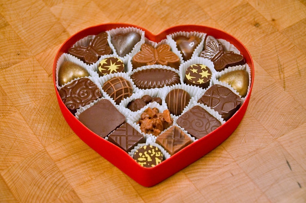 Marriage Records by popular US online genealogists, Price Genealogy: image of an open red heart box of chocolates. 