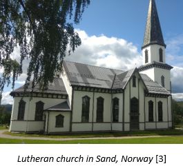 Homelands in Norway by popular US online genealogists, Price Genealogy: image of a Lutheran church in Sand, Norway. 