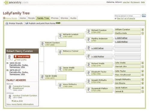 Newspaper Research by popular US online genealogists, Price Genealogy: screenshot image of a ancestry.com family tree. 