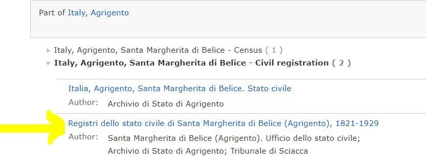 Italian Vital Records by popular US online genealogists, Price Genealogy: screenshot image of a webpage. 