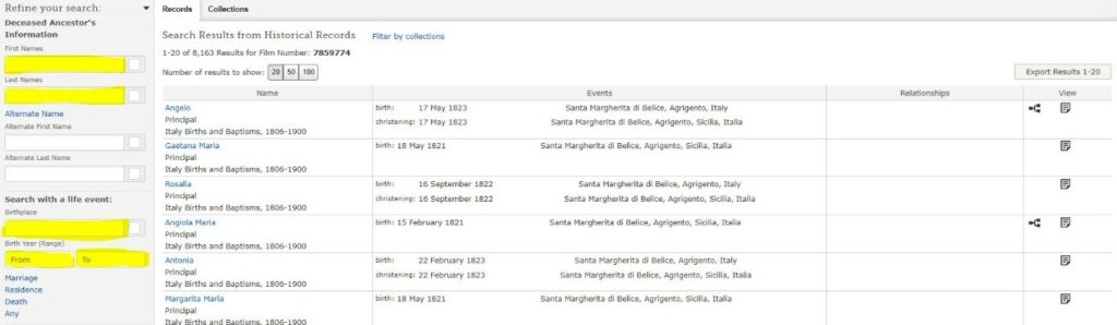 Italian Vital Records by popular US online genealogists, Price Genealogy: screenshot image of a webpage. 