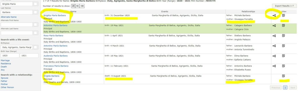 Italian Vital Records by popular US online genealogists, Price Genealogy: screenshot image of a webpage. 