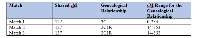 Parent Child Relationship by popular US online genealogists, Price Genealogy: image of a DNA match chart. 