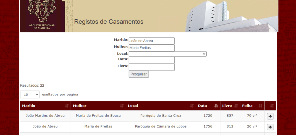 Madeira Research by popular US online genealogists, Price Genealogy: image of the Registos de Casamentos webpage. 