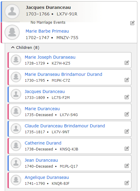 Canada Genealogy by popular US online genealogists: screenshot image of a family ancestry line. 