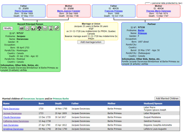 Canada Genealogy by popular US online genealogists: screenshot image of a Family Search ancestry line. 